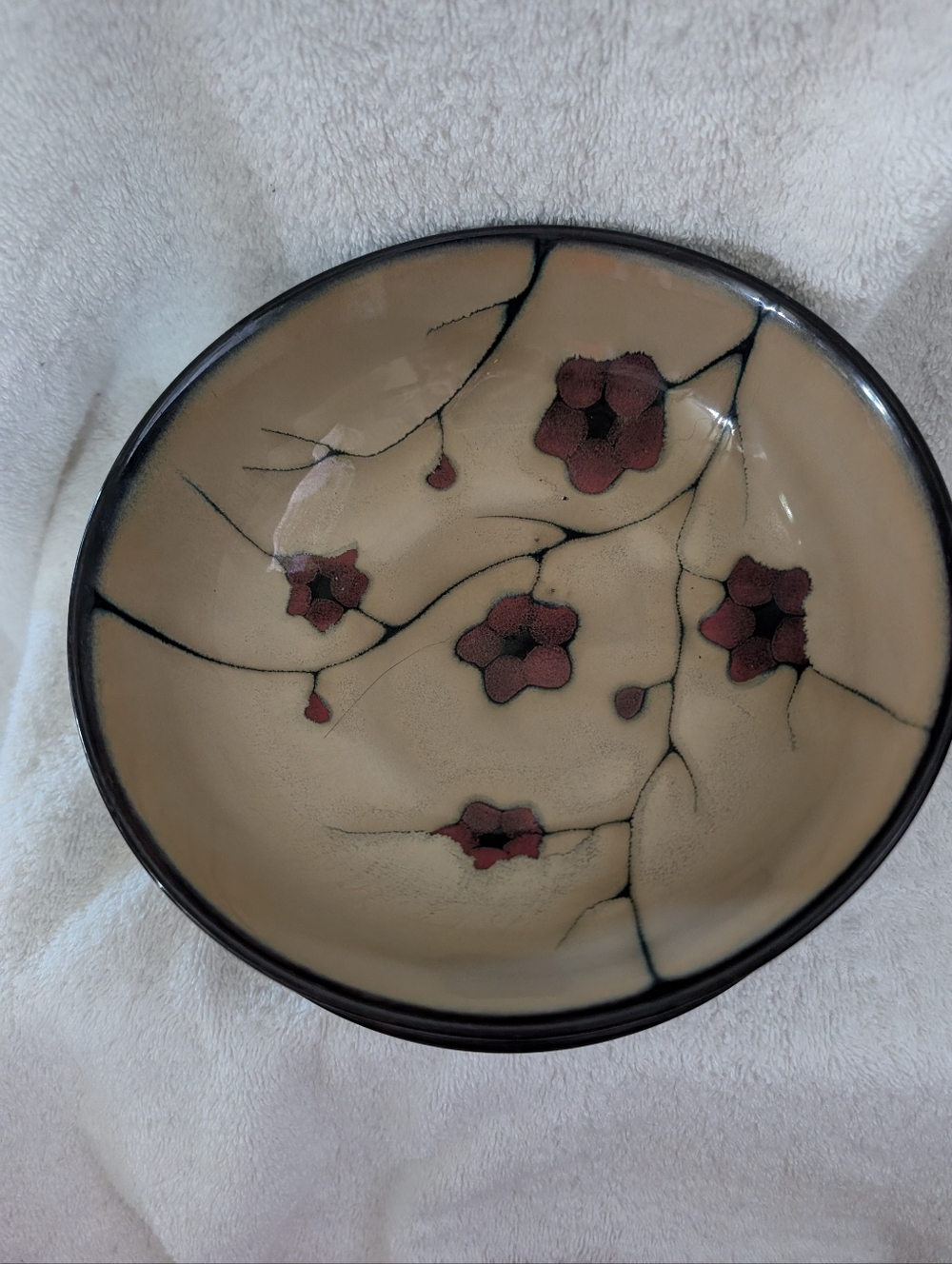 Pfaltzgraff Beige Ceramic Bowl with Red Floral Motif and Black Rim